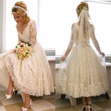 Vantage A Line V-Neck Long Sleeve Tea Length White Lace Princess Wedding Dresses Rjerdress