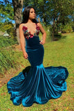 Velvet Mermaid V Neck Prom Dresses With Beading Sweep Train