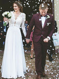 Vintage A Line Bohemian Lace Chiffon Long Sleeve V Neck Wedding Dresses Rjerdress