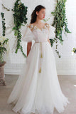 Vintage A Line Chic Long White Organza Short Sleeves Scoop Neck Appliques Prom Dresses RJS76