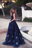 Vintage A-Line Deep V-Neck Navy Blue Sleeveless Prom Dresses with Appliques Pockets Rrjs403 Rjerdress