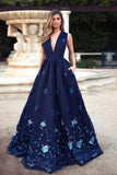 Vintage A-Line Deep V-Neck Navy Blue Sleeveless Prom Dresses with Appliques Pockets Rrjs403
