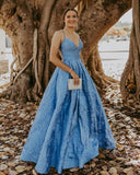 Vintage Ball Gown V Neck Straps Blue Prom Dresses with Pockets