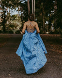 Vintage Ball Gown V Neck Straps Blue Prom Dresses with Pockets Rjerdress