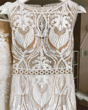 Vintage Champagne Beach Mermaid Lace Bateau Neck Wedding Dress Rjerdress