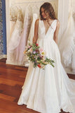 Vintage Country A-Line Straps V-Neck Sleeveless Zipper up Satin Wedding Dress Rjerdress