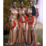Vintage Gold Sequins One Shoulder Long Bridesmaid Dresses