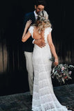 Vintage Lace Boho Mermaid Wedding Dresses Cap Sleeve Bohemian Bridal Gowns Rjerdress