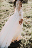 Vintage Long Sleeve Appliques Ivory Lace Chiffon Scoop Wedding Dresses Country Wedding Gowns Rjerdress