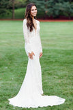 Vintage Long Sleeve Deep V Neck Mermaid Lace Wedding Dress Ivory Backless Bride Dress W1067