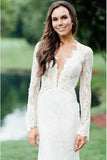 Vintage Long Sleeve Deep V Neck Mermaid Lace Wedding Dress Ivory Backless Bride Dress W1067 Rjerdress