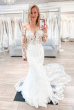 Vintage Long Sleeve Mermaid Scoop Lace Wedding Dressses With Applique Rjerdress