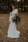 Vintage Long Sleeves Lace Wedding Dresses Backless Rustic Lace Wedding Dresses Rjerdress