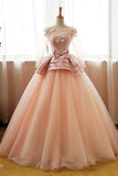 Vintage Pink Flower Long Sleeves Puffy Tulle Long Quinceanera Dress Prom Dresses UK RJS428 Rjerdress