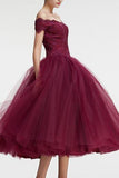 Vintage Princess Off the Shoulder Tea Length Ball Gown Scoop Burgundy Homecoming Dress RJS860