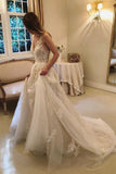 Vintage Rustic A-Line Tulle V Back Wedding Dresses V Neck Lace Appliques Bridal Gown Rjerdress