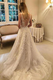 Vintage Rustic A-Line Tulle V Back Wedding Dresses V Neck Lace Appliques Bridal Gown