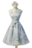 Vintage Sleeveless Round Neck Keyhole Lace up Back Bow Sash Printing Tulle Homecoming Dress P11 Rjerdress
