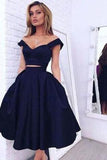 Vintage Style A-line Two-piece Off-the-shoulder A-line Dark Navy Homecoming Dress RJS871