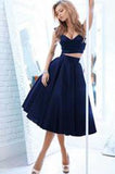 Vintage Style A-line Two-piece Off-the-shoulder A-line Dark Navy Homecoming Dress RJS871 Rjerdress