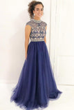 Vintage Stylish A-Line High Neck Cap Sleeves Navy Blue Beaded Lace Tulle Prom Dresses UK RJS296
