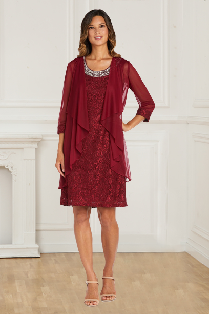 Vintage Two Piece Lace Burgundy Sheath/Column 3/4 Sleeves Mother Of The Bride Dress With Beaded Rjerdress