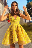 Vintage Yellow Lace Appliques V Neck Short Cocktail Dress Above Knee Homecoming Dress H1149 Rjerdress