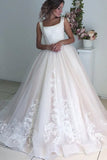 Wedding Dress Square Neck A Line Tulle Skirt With Appliques Pearls Rjerdress