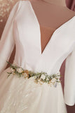 Wedding  Dresses A Line V Neck Satin With Applique Long Sleeves