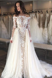 Wedding Dresses Boat Neck Sheath With Applique Long Sleeves Detachable Train Rjerdress