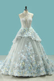 Wedding Dresses High Neck Court Train Tulle With Applique Lace Up Back Rjerdress