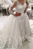 Wedding Dresses V Neck Sheath With Applique Long Sleeves Detachable Train Rjerdress