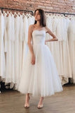 White Ankle Length Strapless Wedding Dresses Tulle Satin