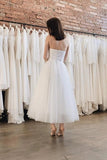 White Ankle Length Strapless Wedding Dresses Tulle Satin Rjerdress
