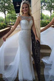 White Backless Sheer Silver Beaded Bodice with Sparkle Long Chiffon Sequin Prom Dresses RJS110 Rjerdress