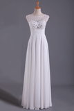 White Bateau A-Line Party Dresses Chiffon Floor-Length With Beads And Applique Rjerdress