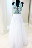 White Chiffon Long Prom Dress V Neck Halter With Blue Beaded Bodice Dress Evening Dress P1031 Rjerdress