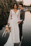 White Chiffon Open Back Long Sleeves Wedding Dress Simple A Line V Neck Lace Rjerdress