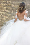 White Excellent Tulle Bateau Neckline Long Sleeves A-line Appliques Wedding Dresses Rjerdress
