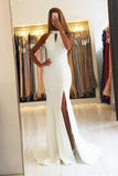 White Halter Open Back Satin Mermaid Prom Evening Dresses With Slit Rjerdress