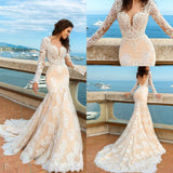 White Lace Mermaid Deep V-Neck Backless Long Sleeve Wedding Dresses RJS835 Rjerdress