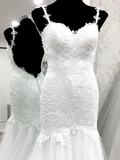 White Lace Mermaid Sweetheart Tulle Spaghetti Straps Backless Affordable Wedding Dresses Rjerdress