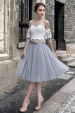 White Lace Tulle Two Pieces Off Shoulder Short Sleeve Short Cocktail Dress Homecoming Dress RJS454