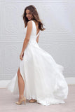 White Long A Line Chiffon Deep V Neck Sleeveless Side Split V Back Wedding Dresses