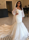 White Long Sleeve Sweetheart Sequins Mermaid Sweep Train Wedding Dresses