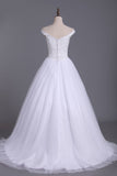 White Off The Shoulder Beaded Bodice Tulle A Line Bridal Dresses Rjerdress