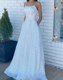 White Open Back Long Prom Dresses Sequins Pocket Evening Dress RJS002