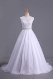 White Scoop Bridal Dresses A-Line Court Train With Beads & Applique