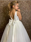 White Stain Top Cute Tulle V Back Bowknot Flower Girl Dresses Rjerdress