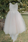 White Tulle Scoop Sleeveless Coverd Button Flower Girl Dress With Bowknot Rjerdress
